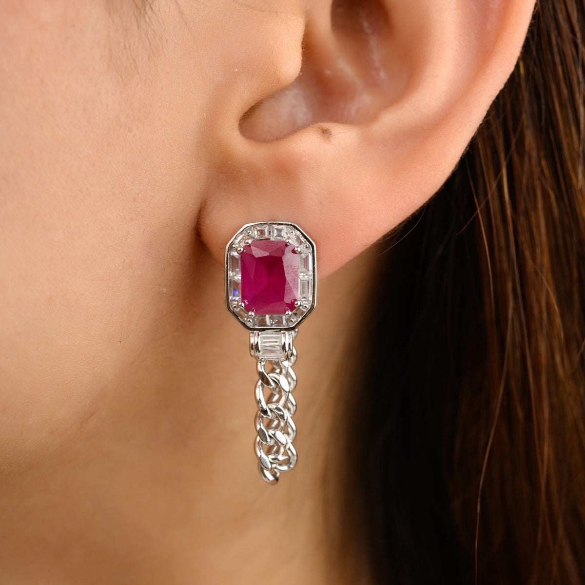 Ruby Diamond Studs with Chain