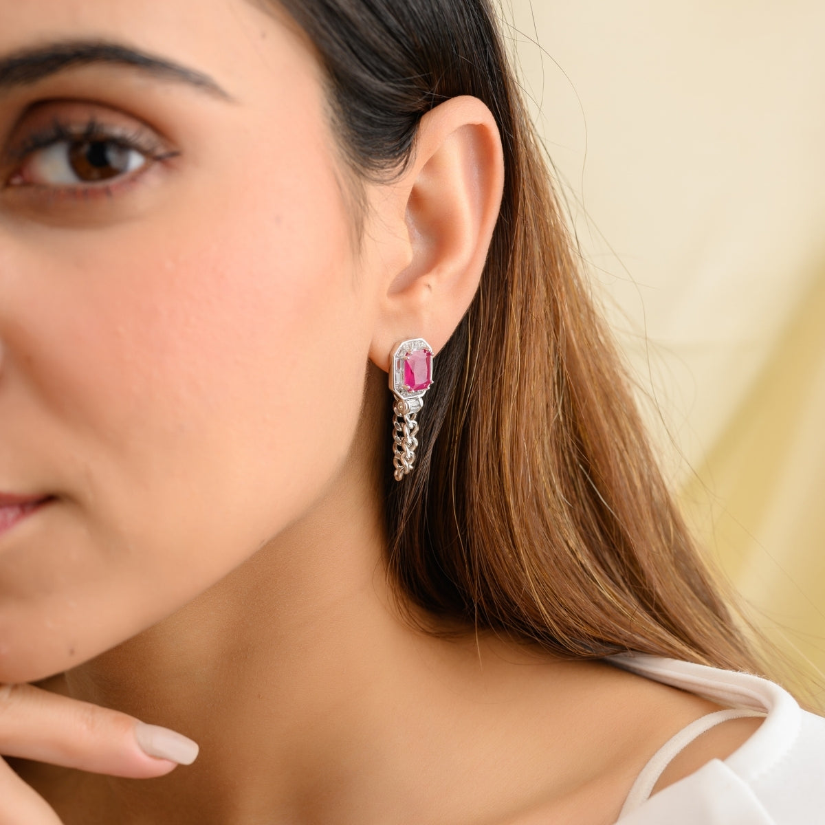 Ruby Diamond Studs with Chain