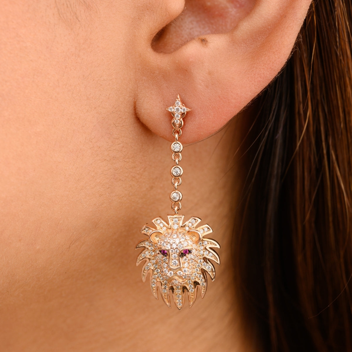 Rose gold Lion Charm Leo Earrings