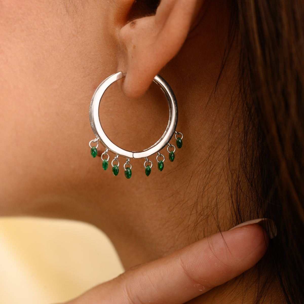 Green Cz Drops Bali Hoop Earrings