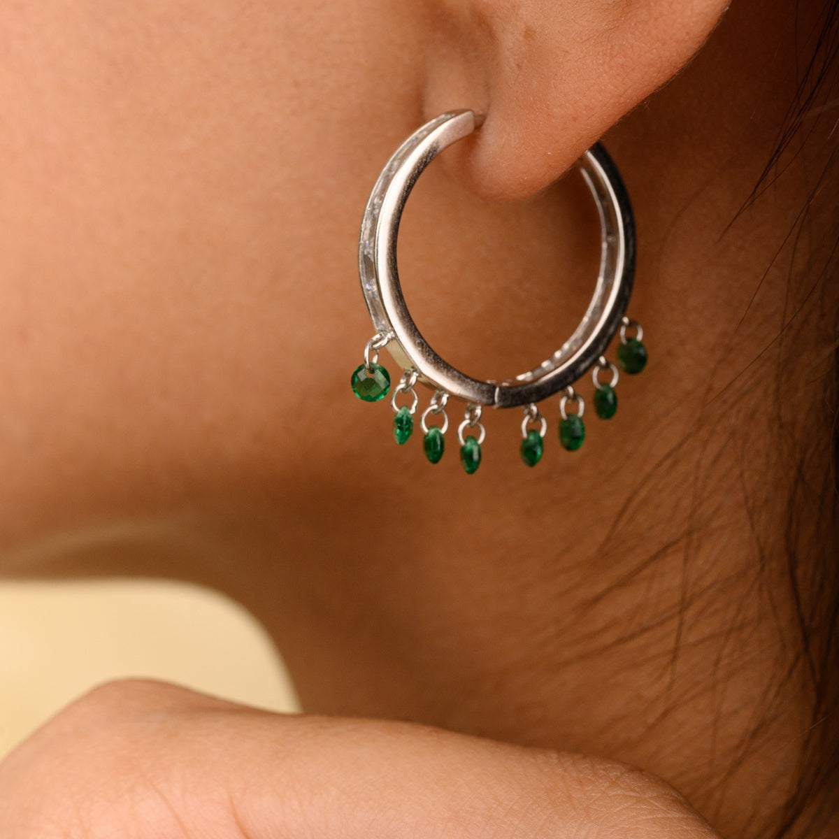 Green Cz Drops Bali Hoop Earrings