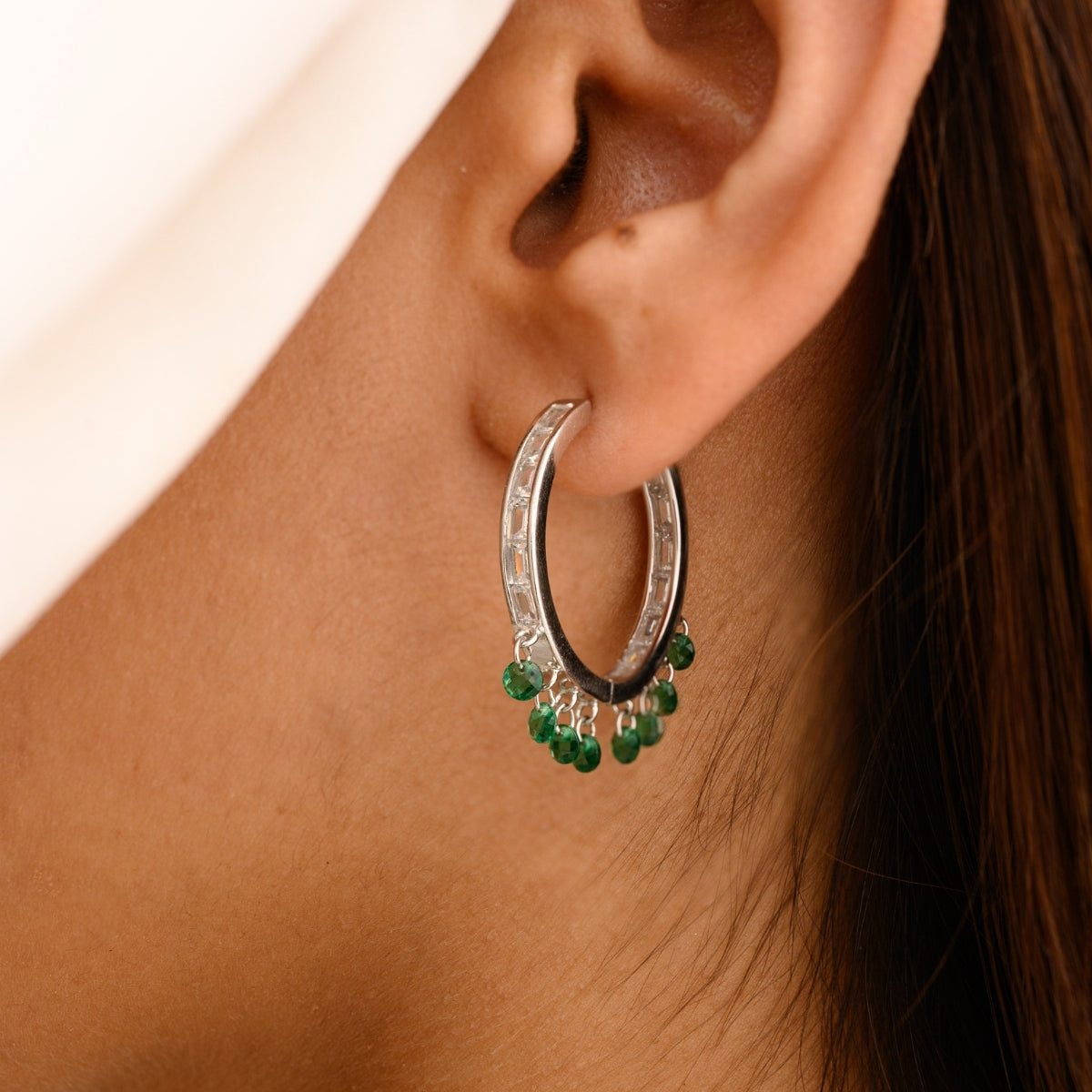 Green Cz Drops Bali Hoop Earrings