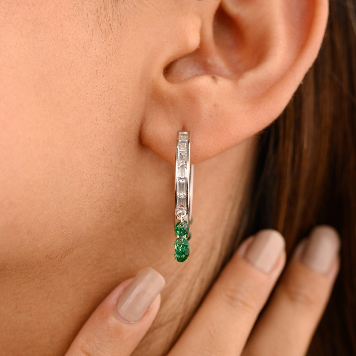 Green Cz Drops Bali Hoop Earrings