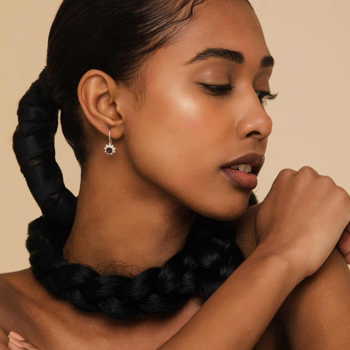 Classy Round Garnet Gemstone Silver Stud Earrings