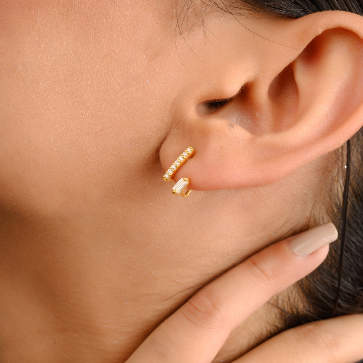 Cz Crystals Gold Bar Stud Earrings