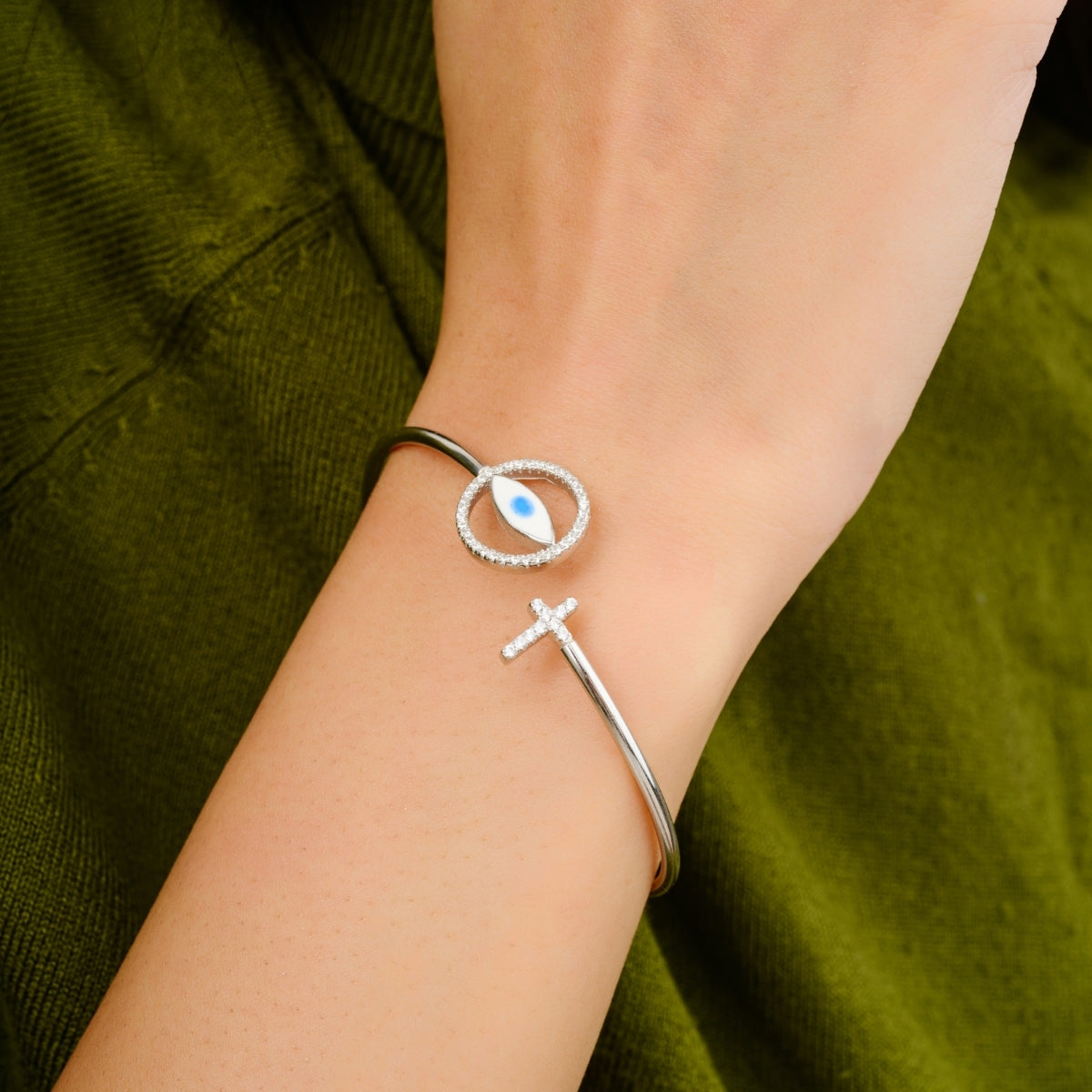 Evil Eye Charm Adjustable Silver Cuff Bangle