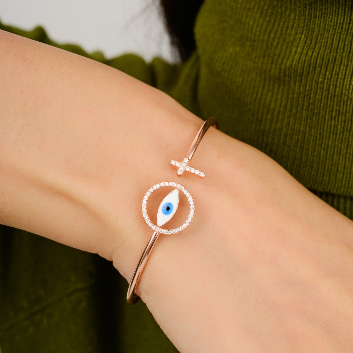 Evil Eye Charm Rose Gold Bangle in 925 Silver