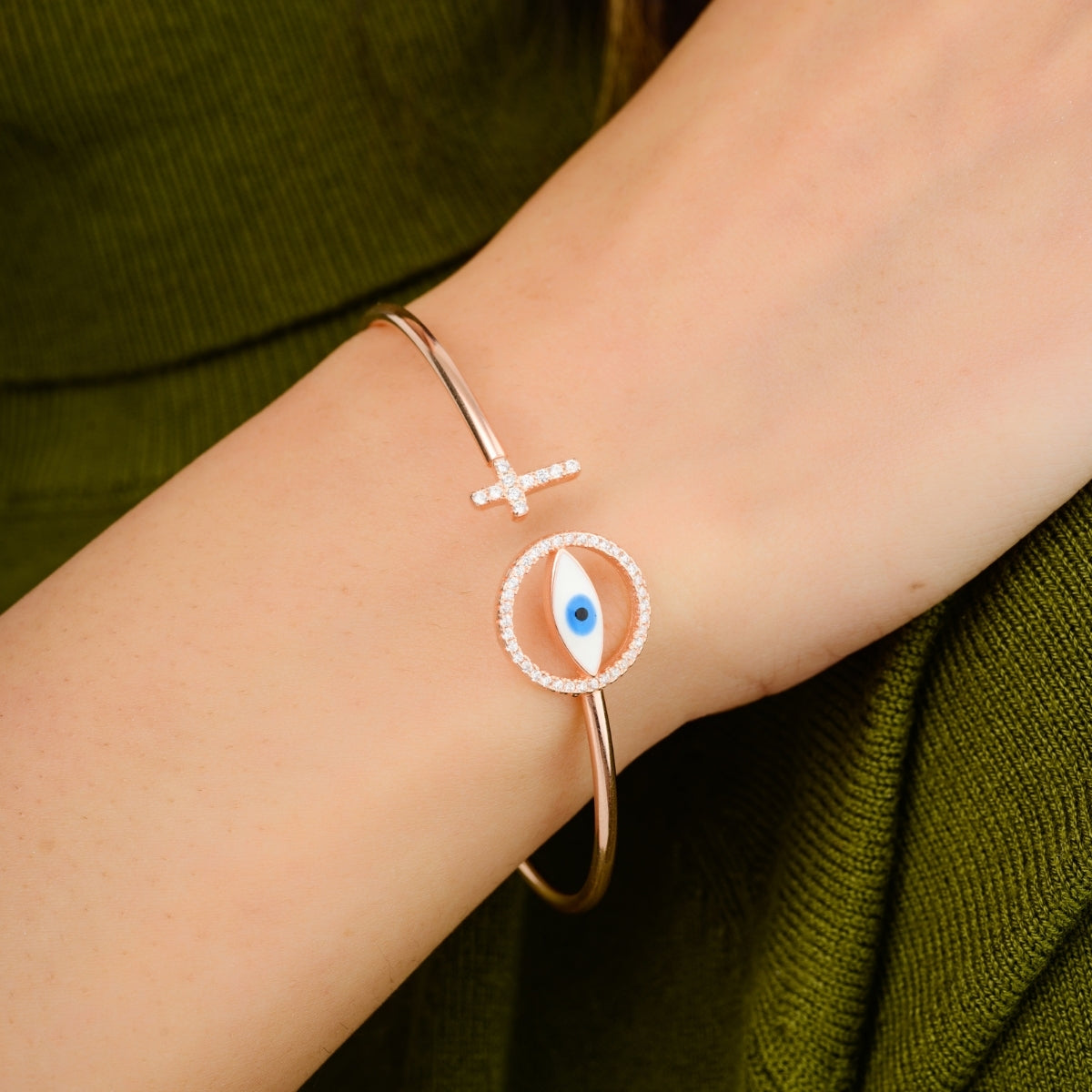 Evil Eye Charm Rose Gold Bangle in 925 Silver