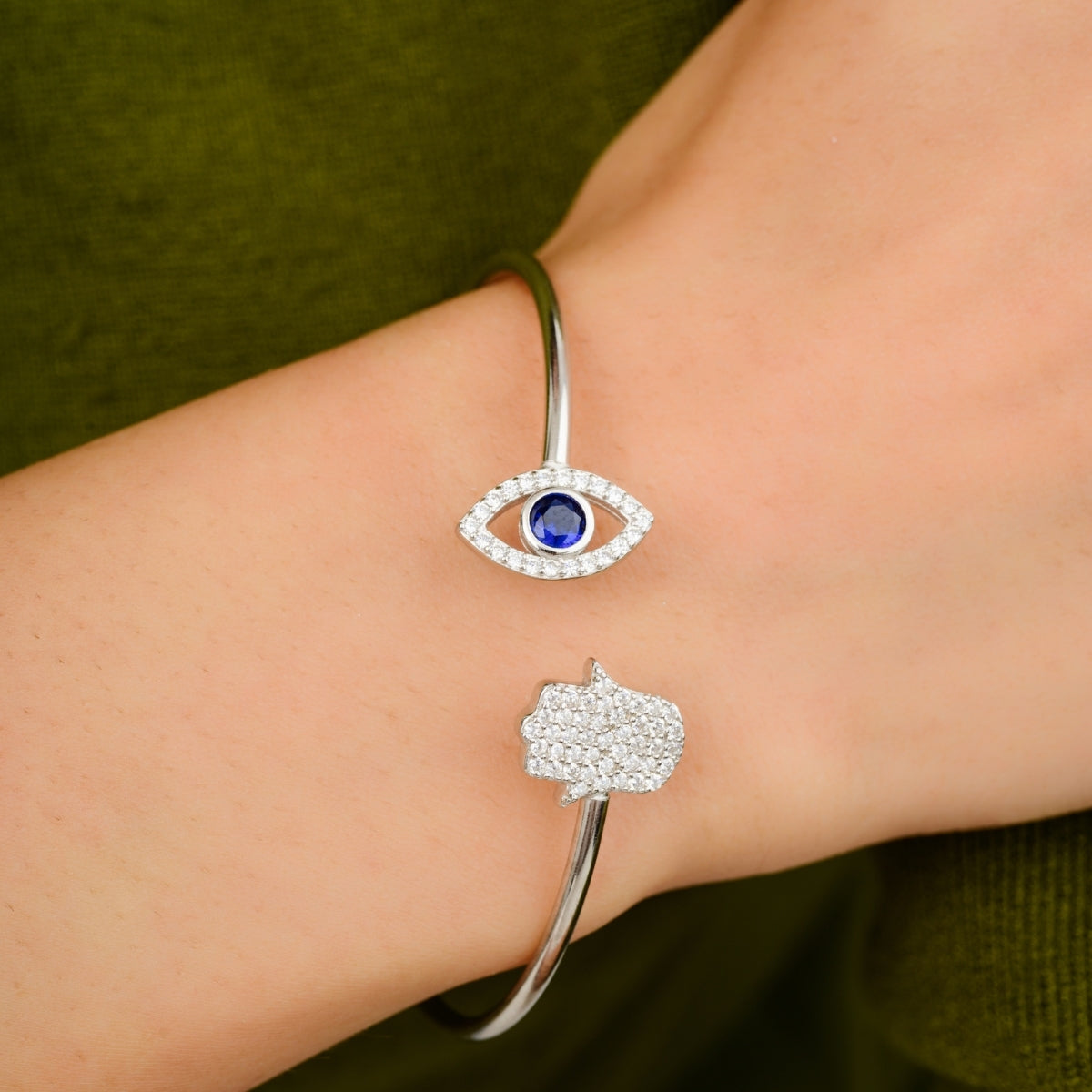 Evil Eye Hamsa Charm Adjustable Silver Bangle