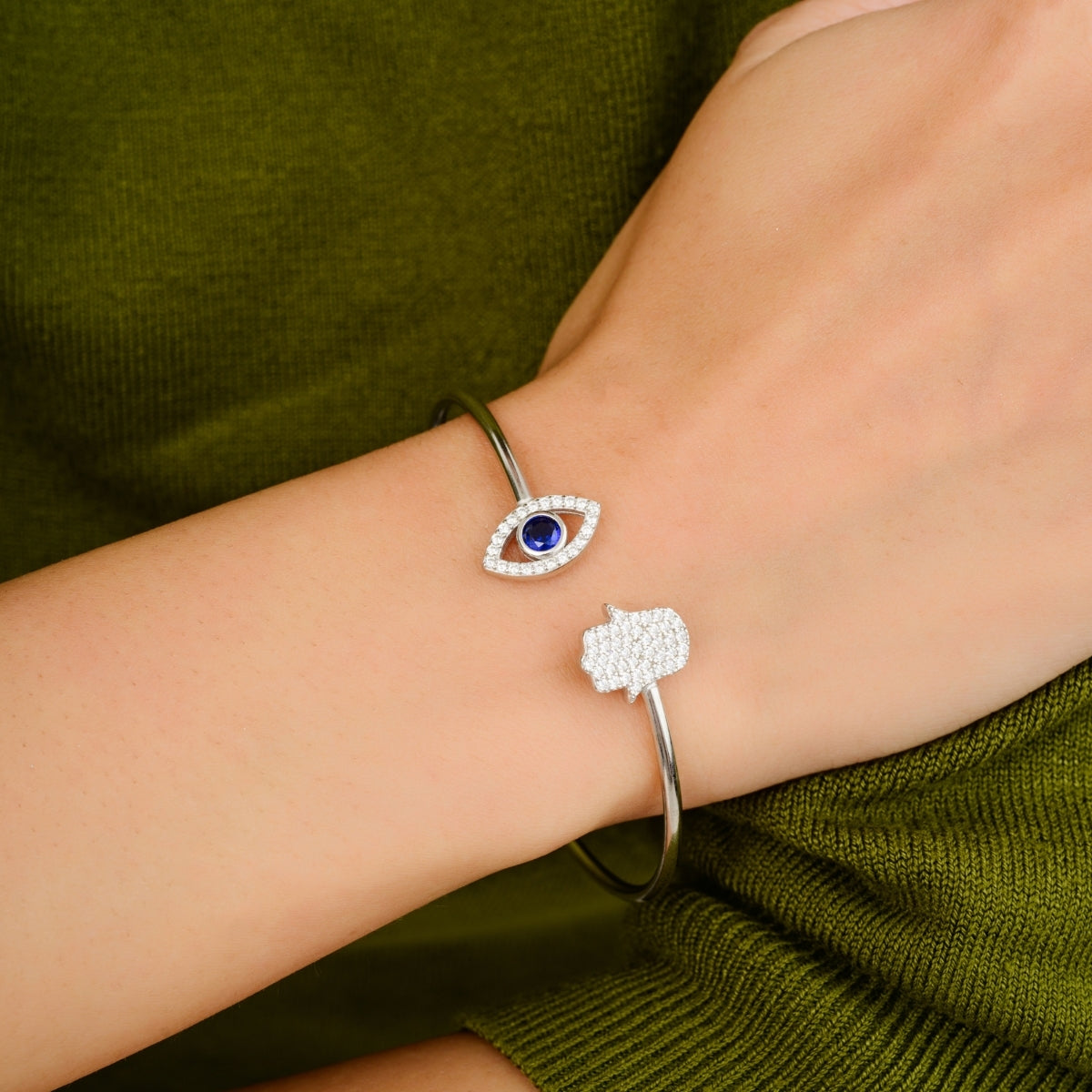 Evil Eye Hamsa Charm Adjustable Silver Bangle