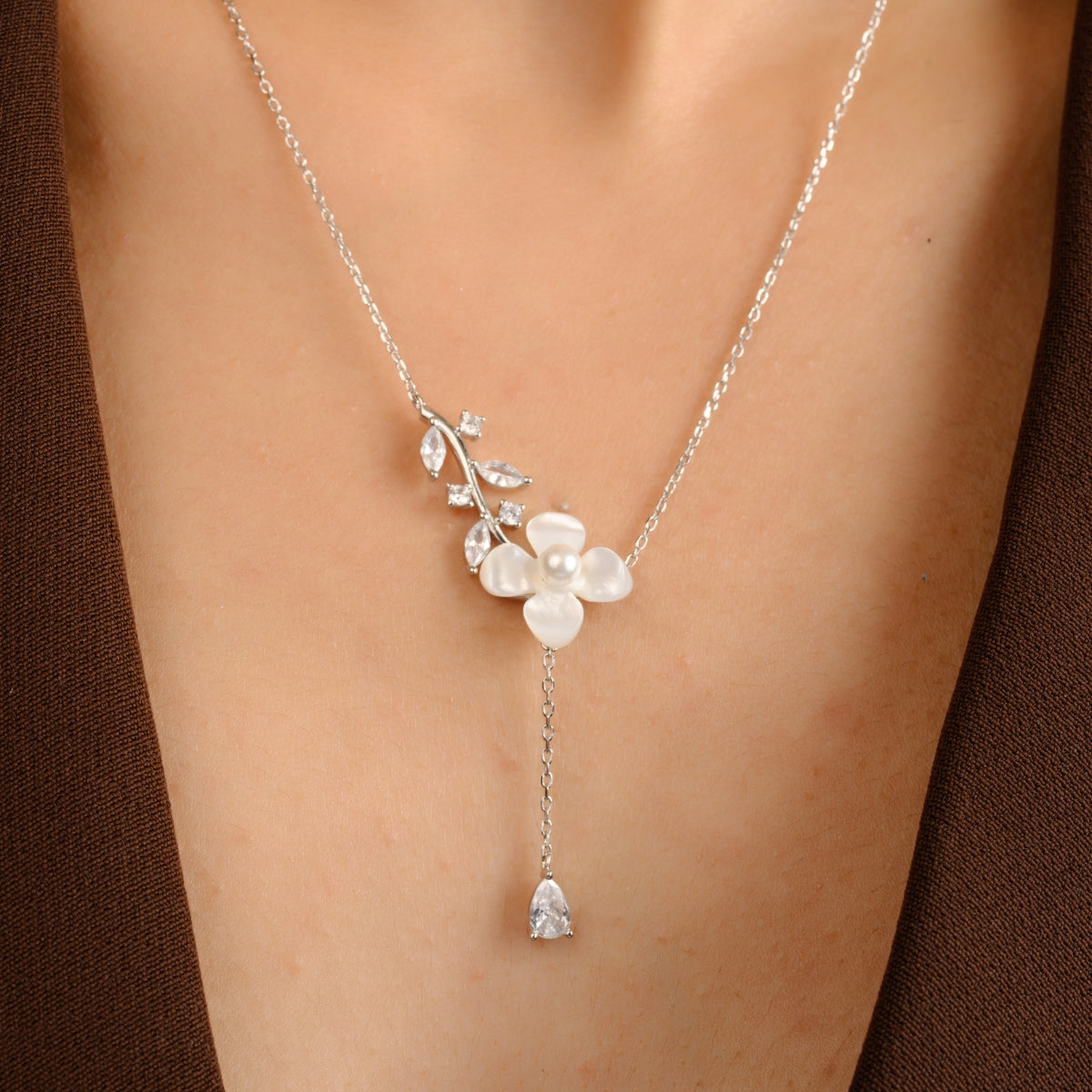 Floral Pearl Necklace with Earrings