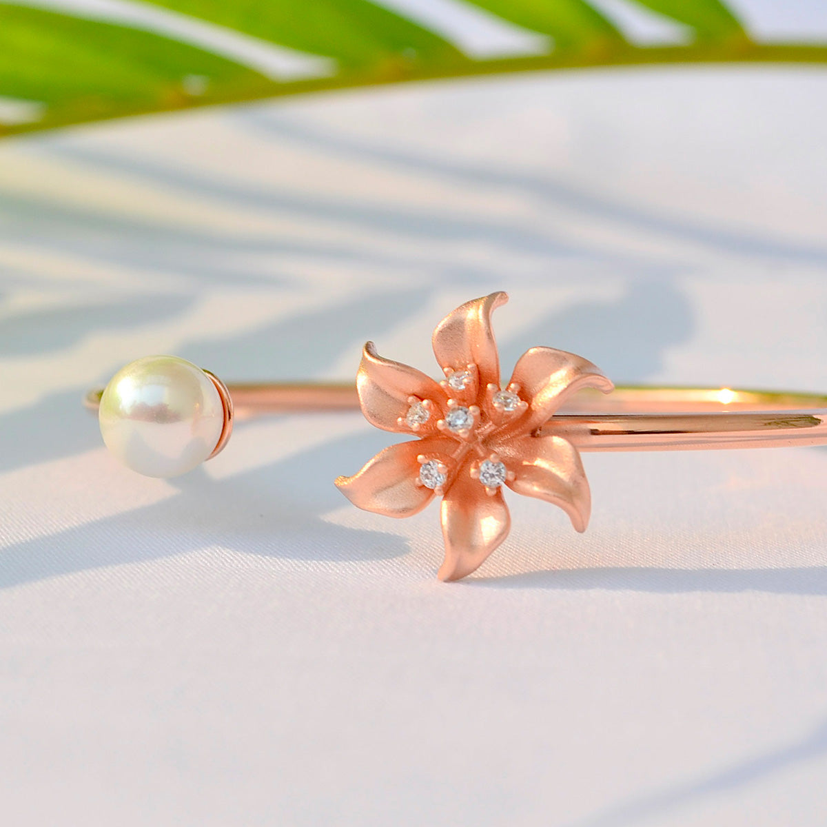 Rose Gold Flower and Pearl Studded Cuff Bracelet for Women