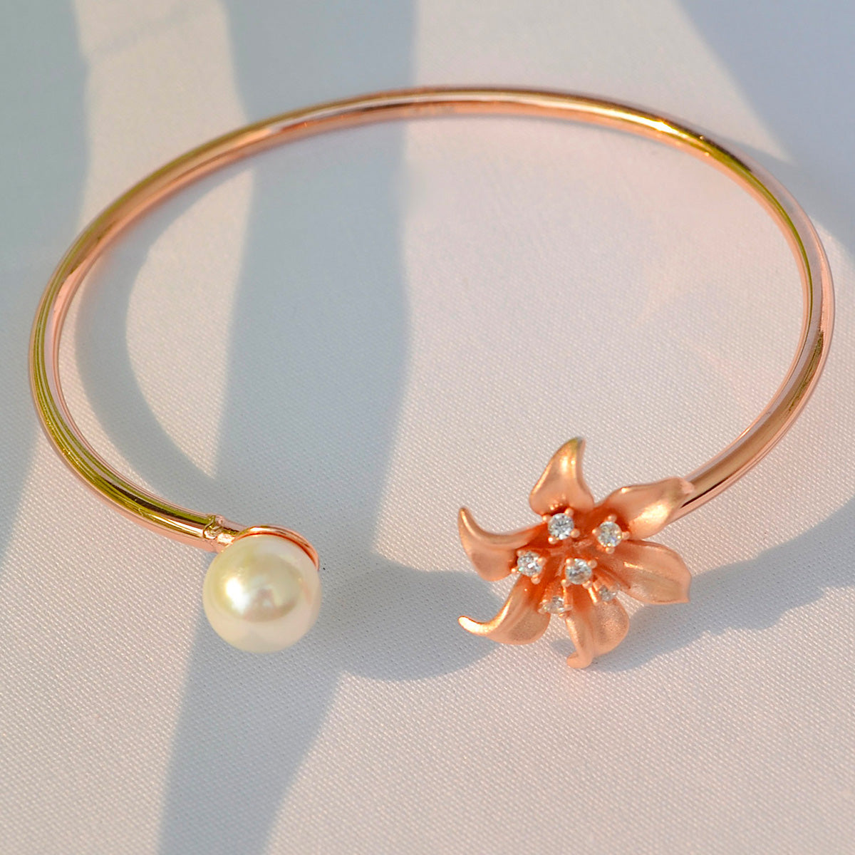 Rose Gold Flower and Pearl Studded Cuff Bracelet for Women