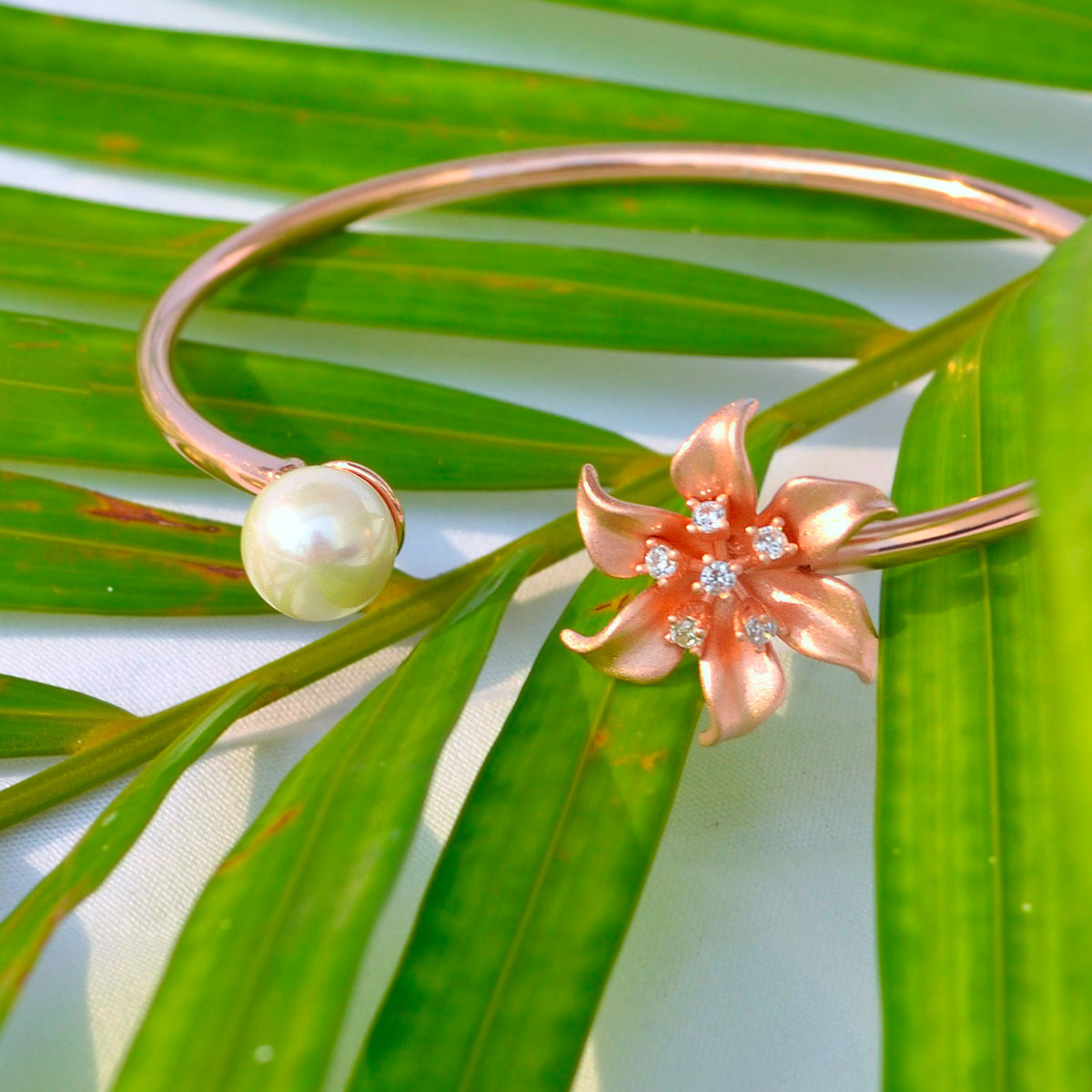 Rose Gold Flower and Pearl Studded Cuff Bracelet for Women