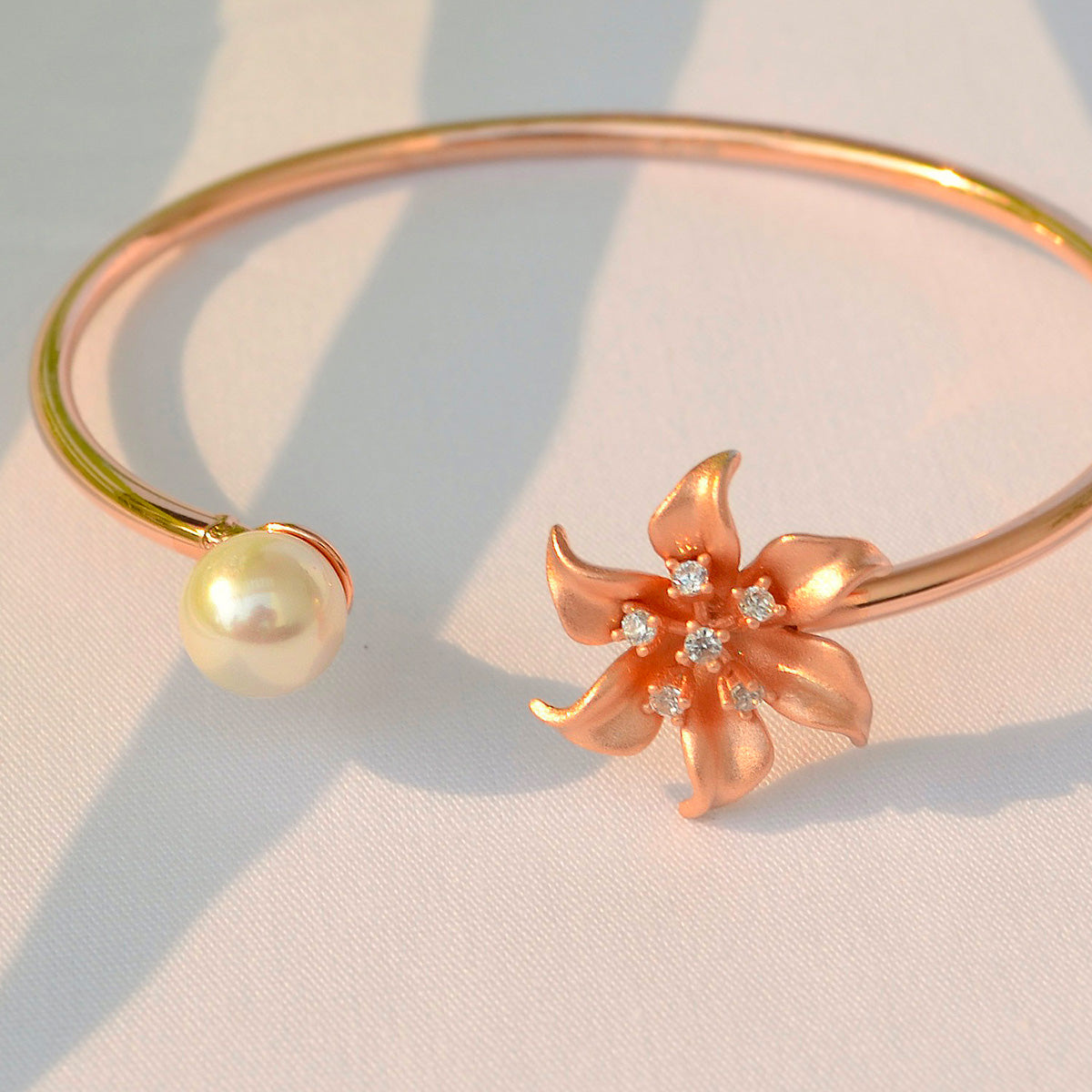 Rose Gold Flower and Pearl Studded Cuff Bracelet for Women