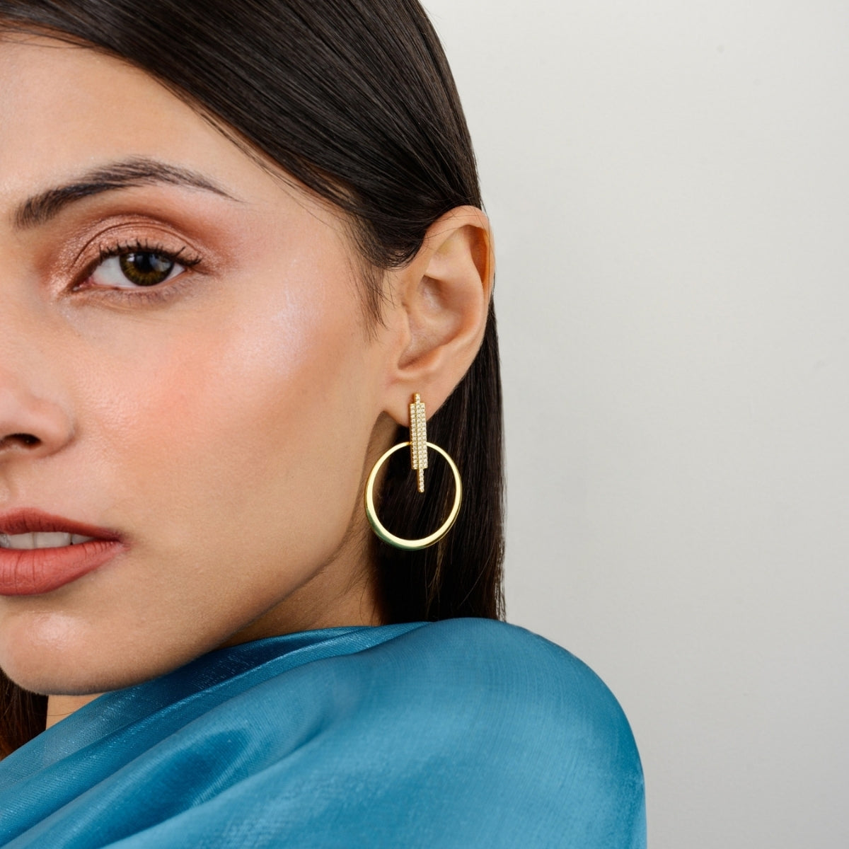 Gold Finish CZ Diamonds Bar Linked Circle Drop Earrings