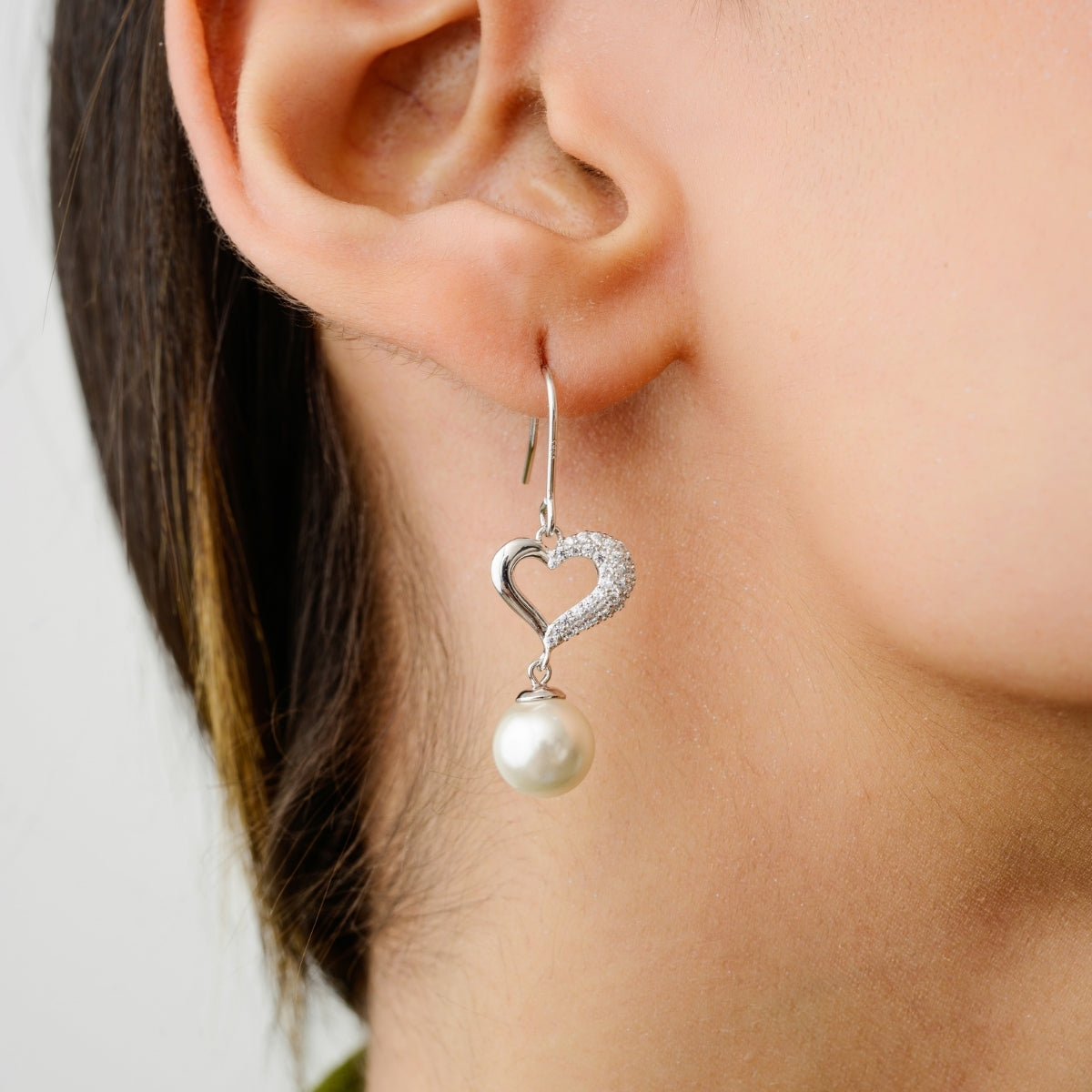 Heart Shaped Silver Pearl Ball Earrings