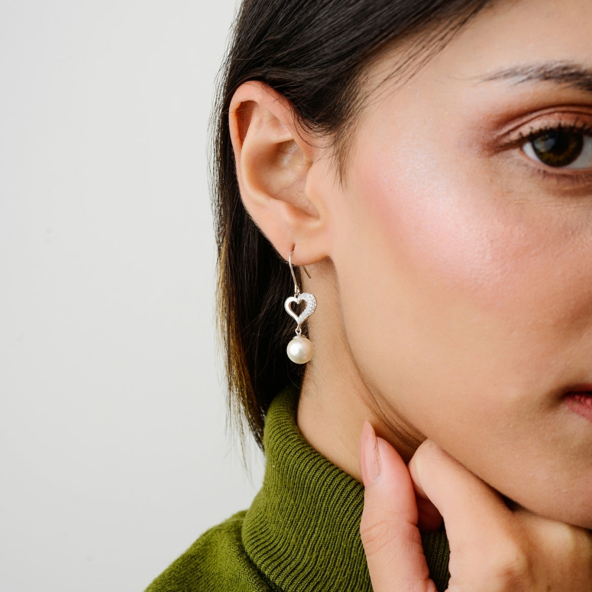 Heart Shaped Silver Pearl Ball Earrings