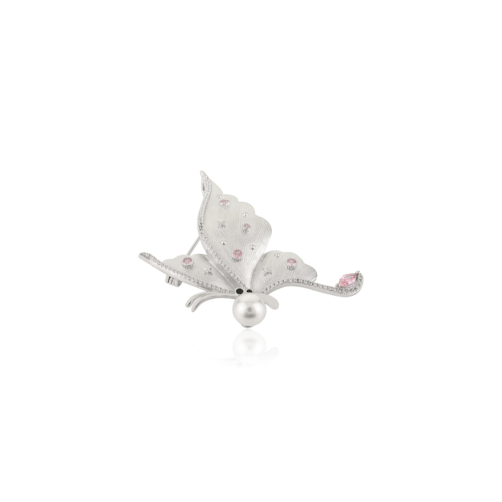 White Gold Butterfly Brooch with Pearl Charm