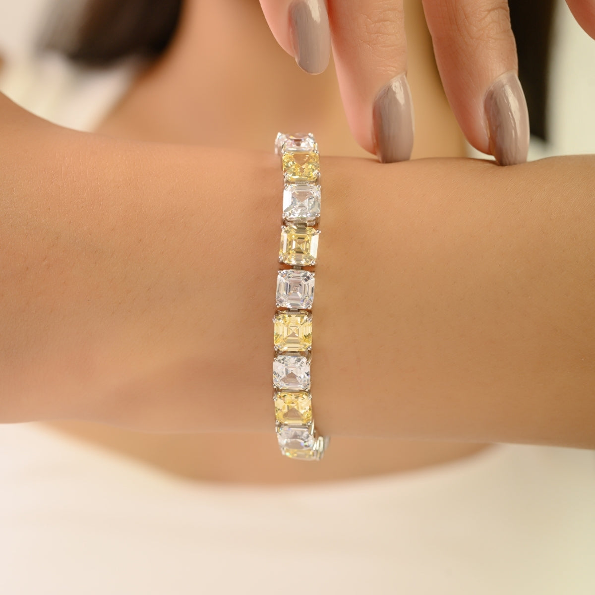 925 Silver White and Yellow CZ Square Tennis Bracelet