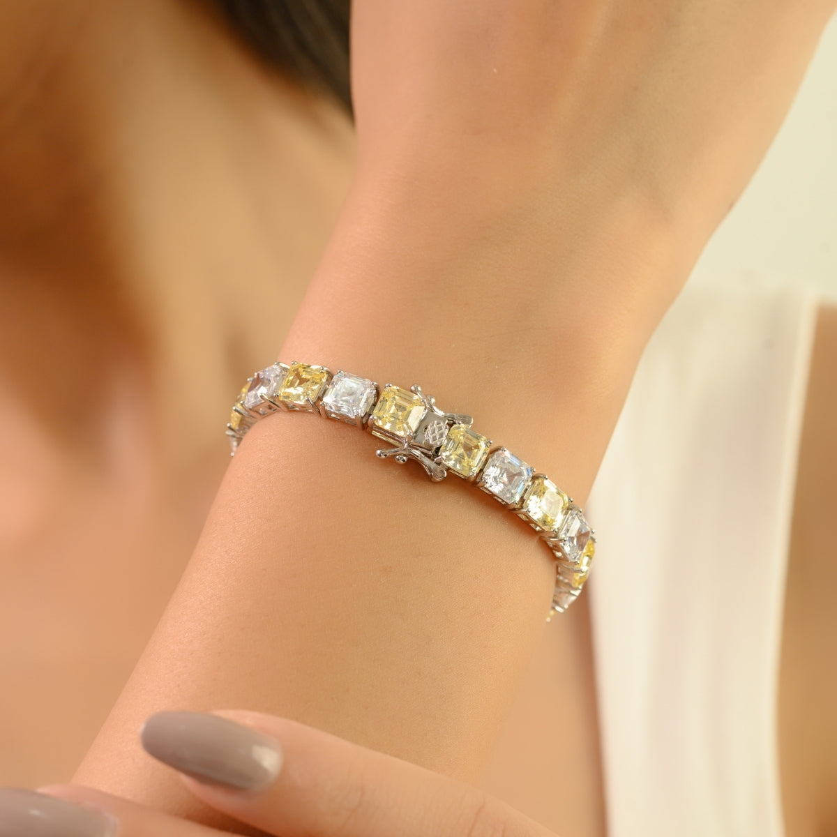 925 Silver White and Yellow CZ Square Tennis Bracelet