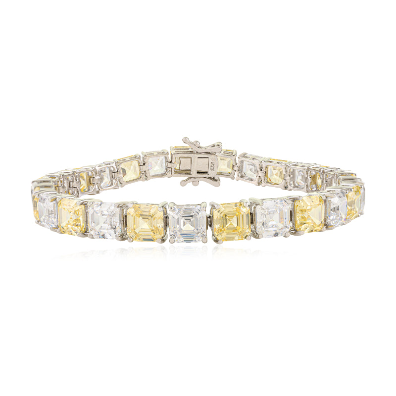 925 Silver White and Yellow CZ Square Tennis Bracelet