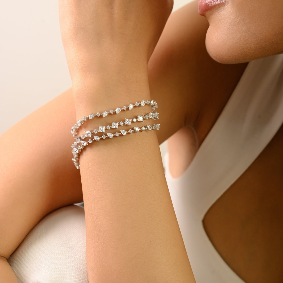 Sterling Silver Multi Cut White CZ Three Layer Bracelet