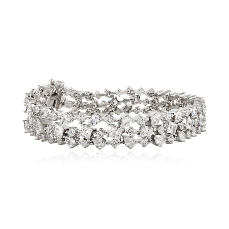 Sterling Silver Multi Cut White CZ Three Layer Bracelet