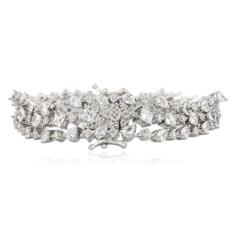Sterling Silver Multi Cut White CZ Three Layer Bracelet
