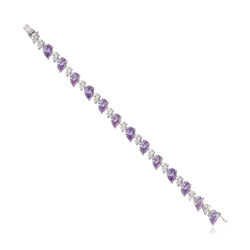 925 Sterling Silver Brilliant Pear Cut White and Purple CZ Tennis Bracelet