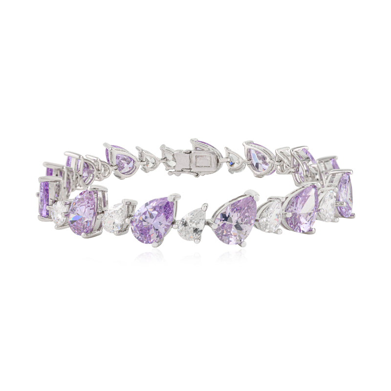 925 Sterling Silver Brilliant Pear Cut White and Purple CZ Tennis Bracelet
