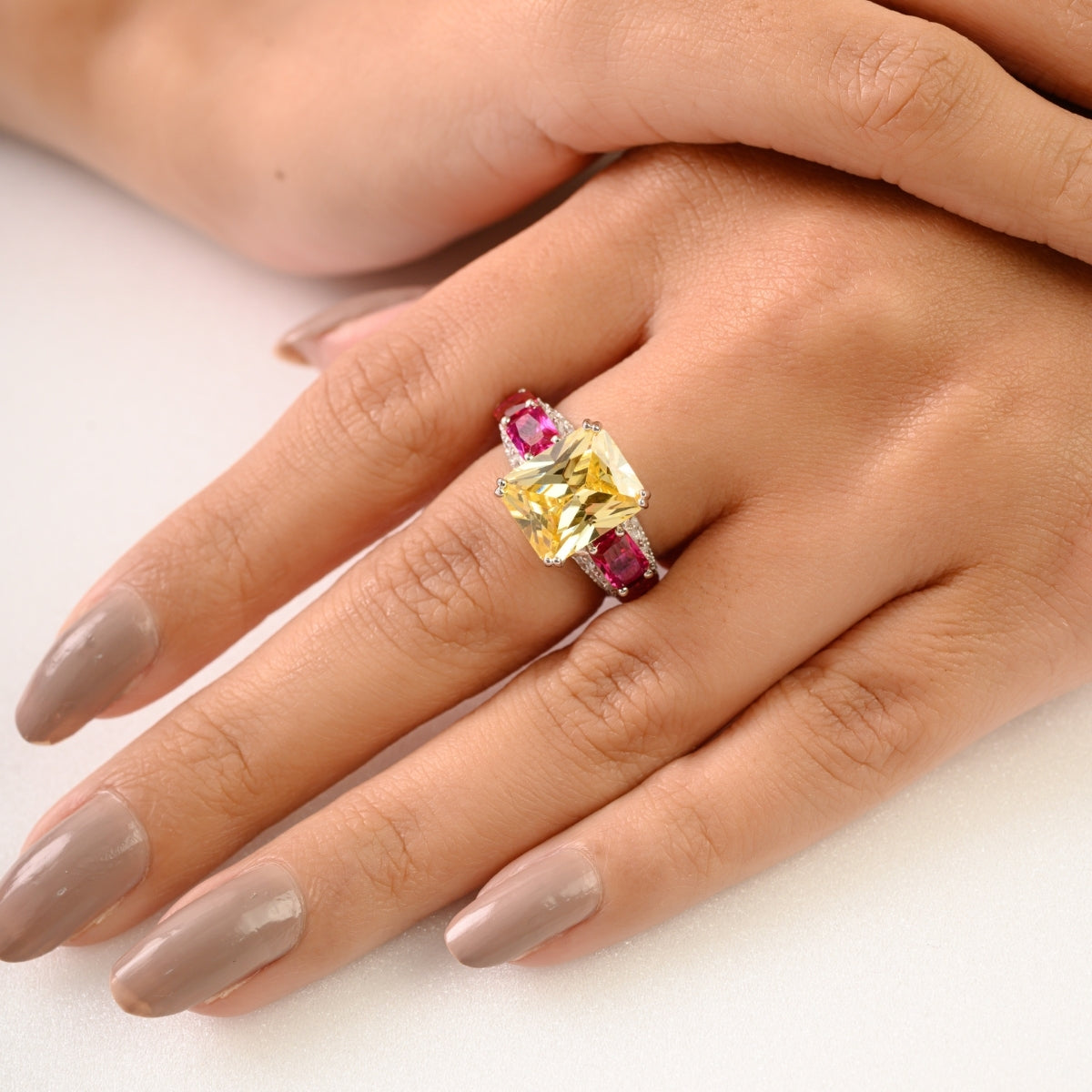 925 Silver Solitaire Dome Ring in Yellow and Pink Crystals