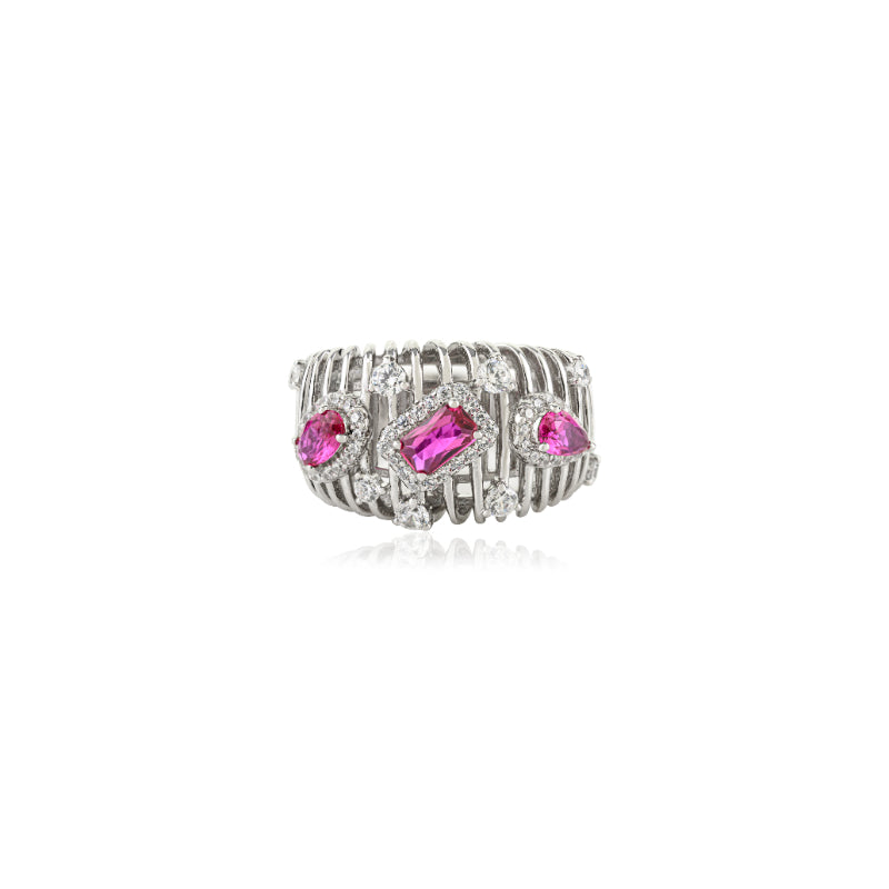 Sculpted Bold Chunky Silver Ring with Multi Cut Pink CZ