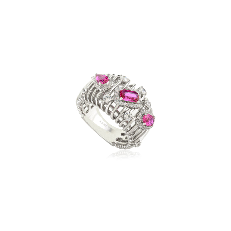 Sculpted Bold Chunky Silver Ring with Multi Cut Pink CZ