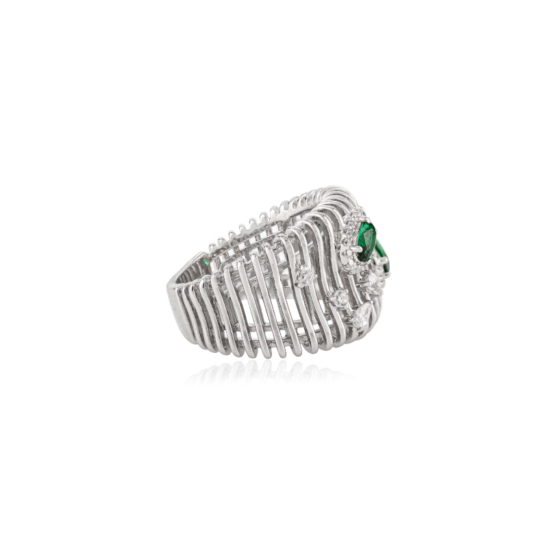 Sculpted Bold Chunky Silver Ring with Multi Cut Green CZ