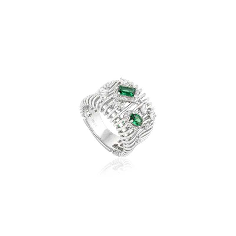 Sculpted Bold Chunky Silver Ring with Multi Cut Green CZ