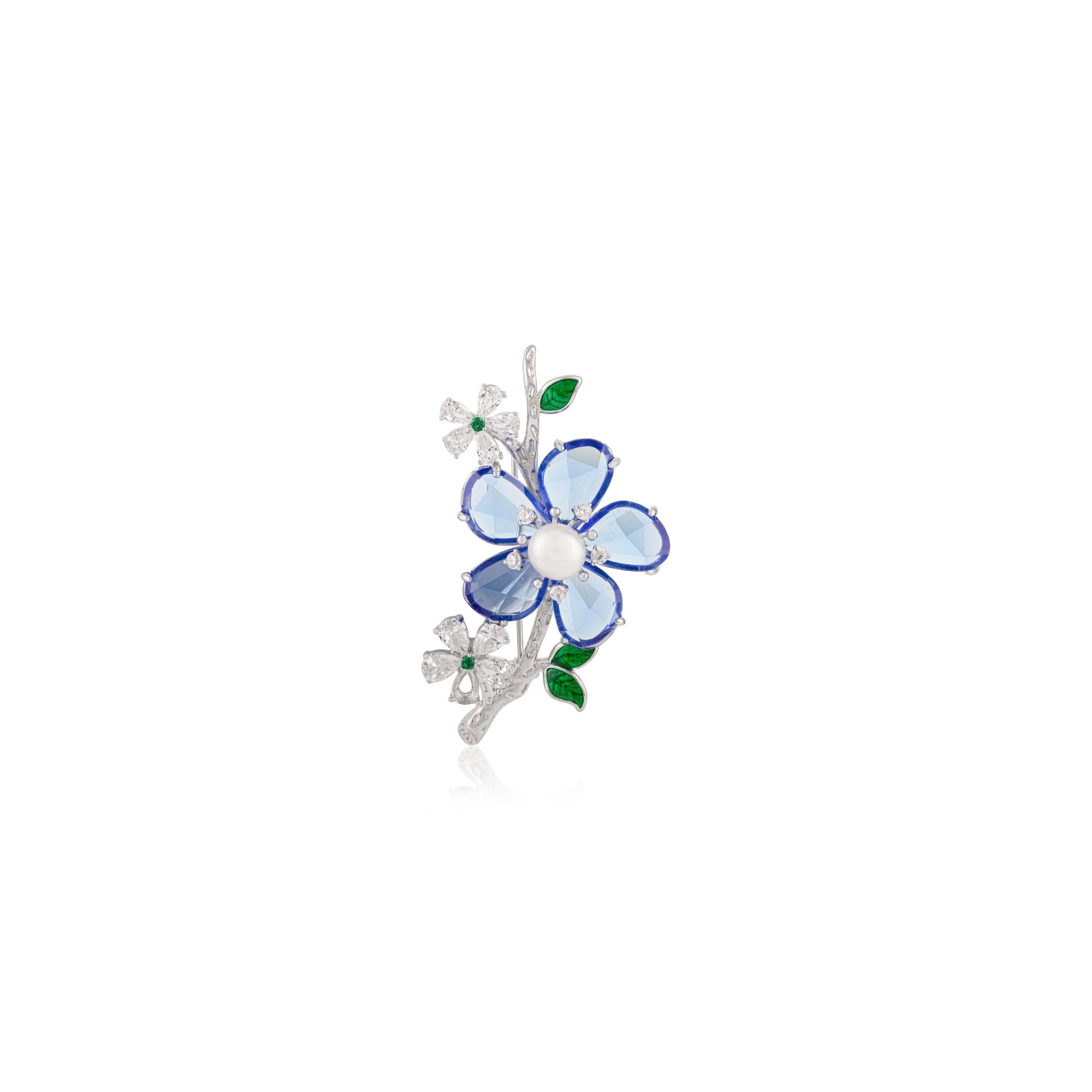 White Gold Flower Badge Brooch Pin in 925 Silver