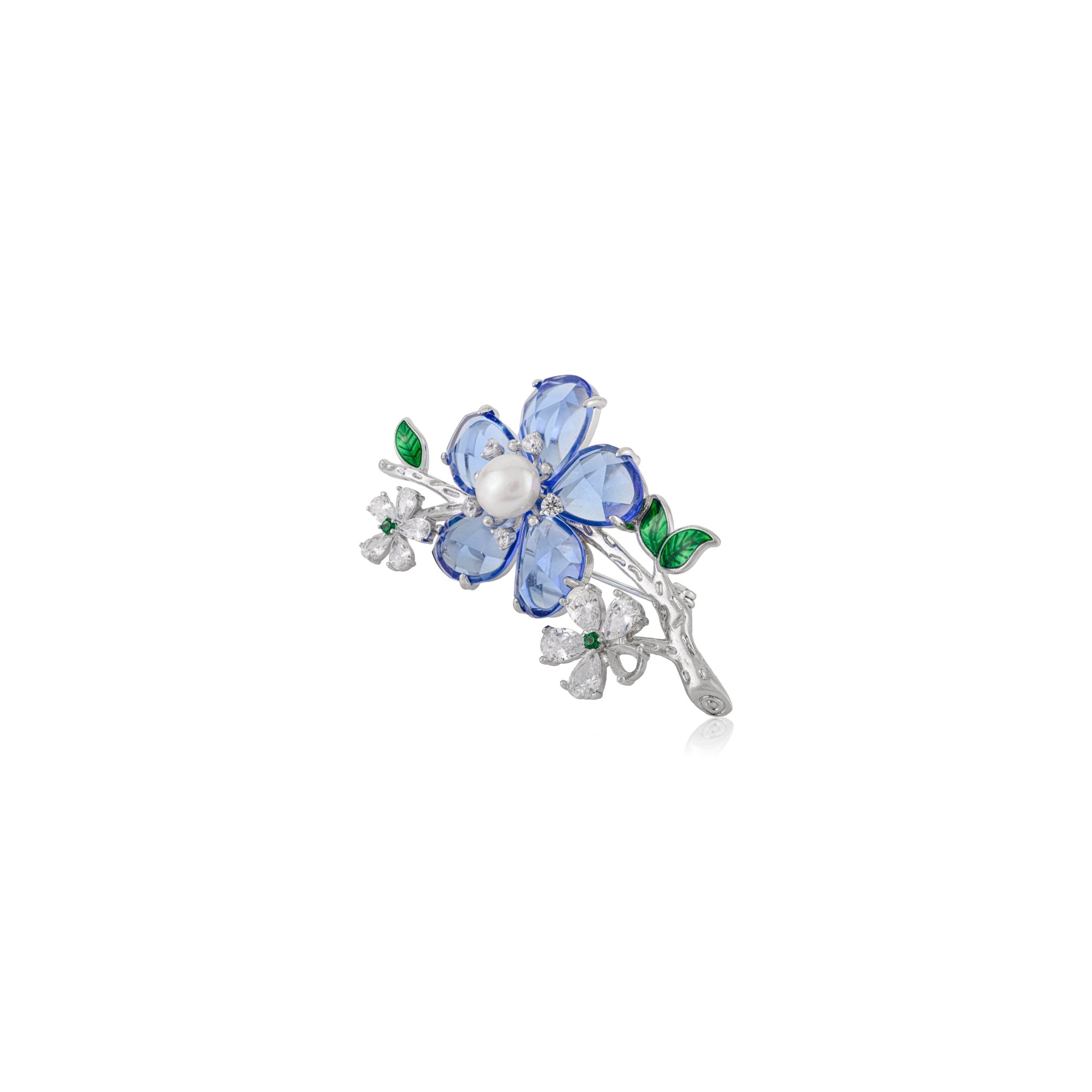 White Gold Flower Badge Brooch Pin in 925 Silver