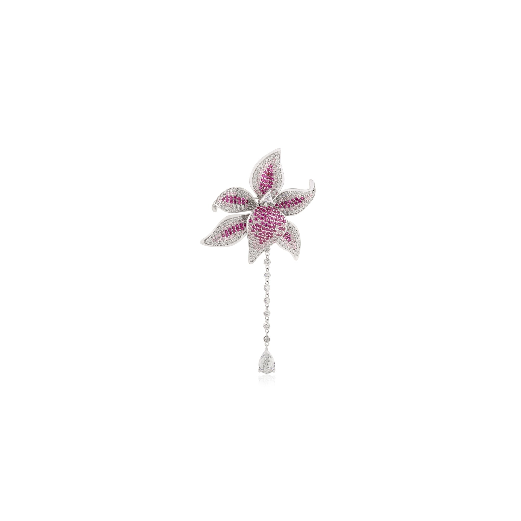 Rose Pink Flower Brooch Pin with Moving Dangling CZ Diamond Charm