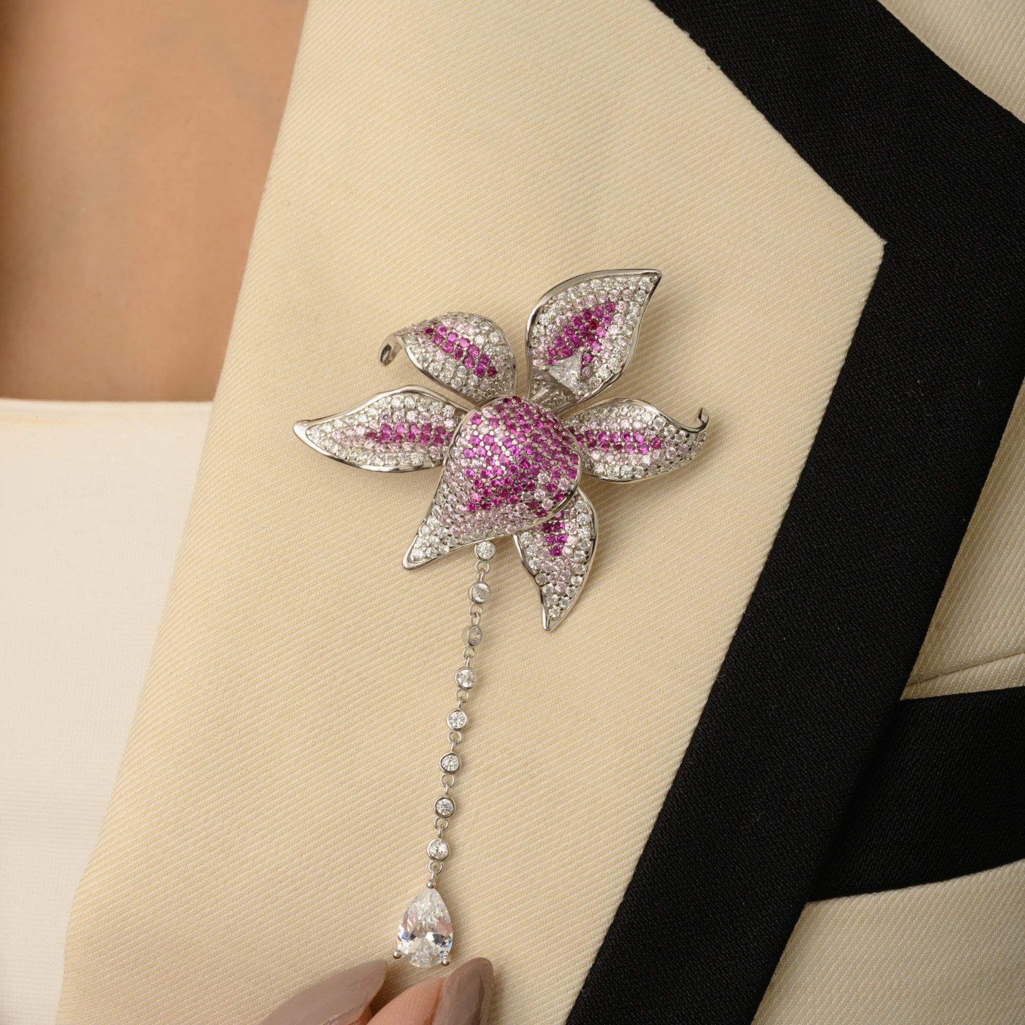 Rose Pink Flower Brooch Pin with Moving Dangling CZ Diamond Charm