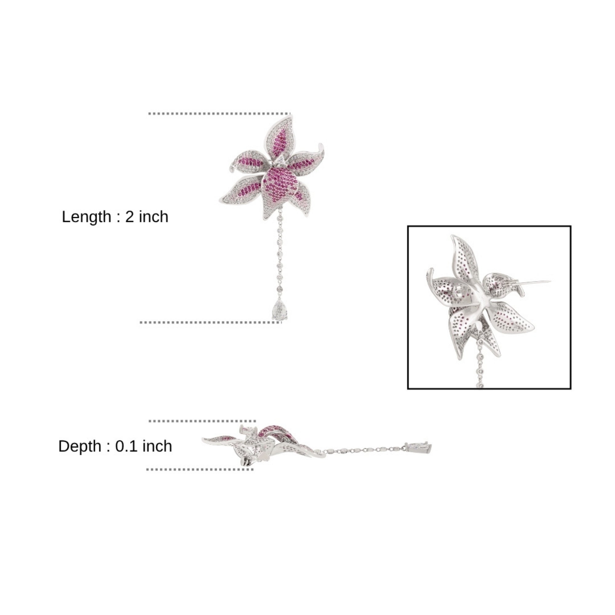 Rose Pink Flower Brooch Pin with Moving Dangling CZ Diamond Charm