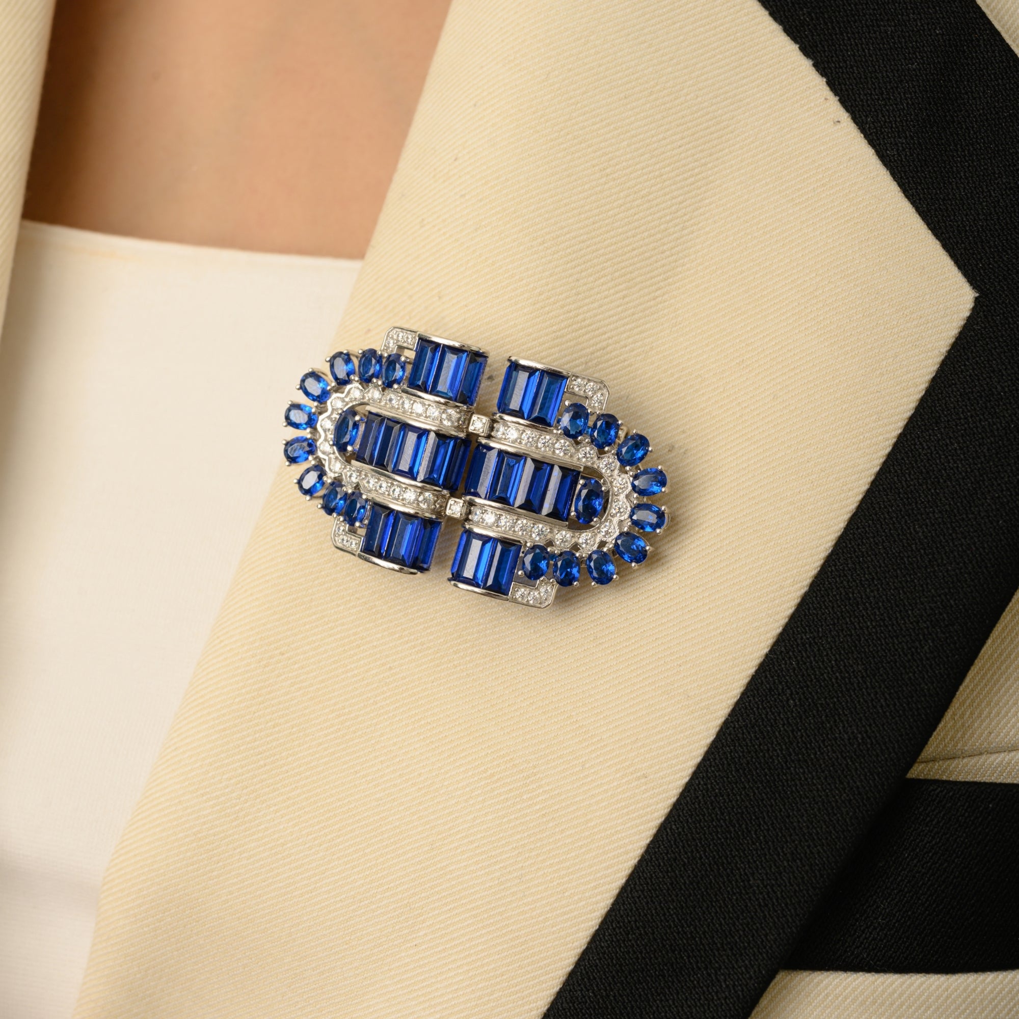 925 Silver Brooch Pin with Blue & White CZ Diamonds