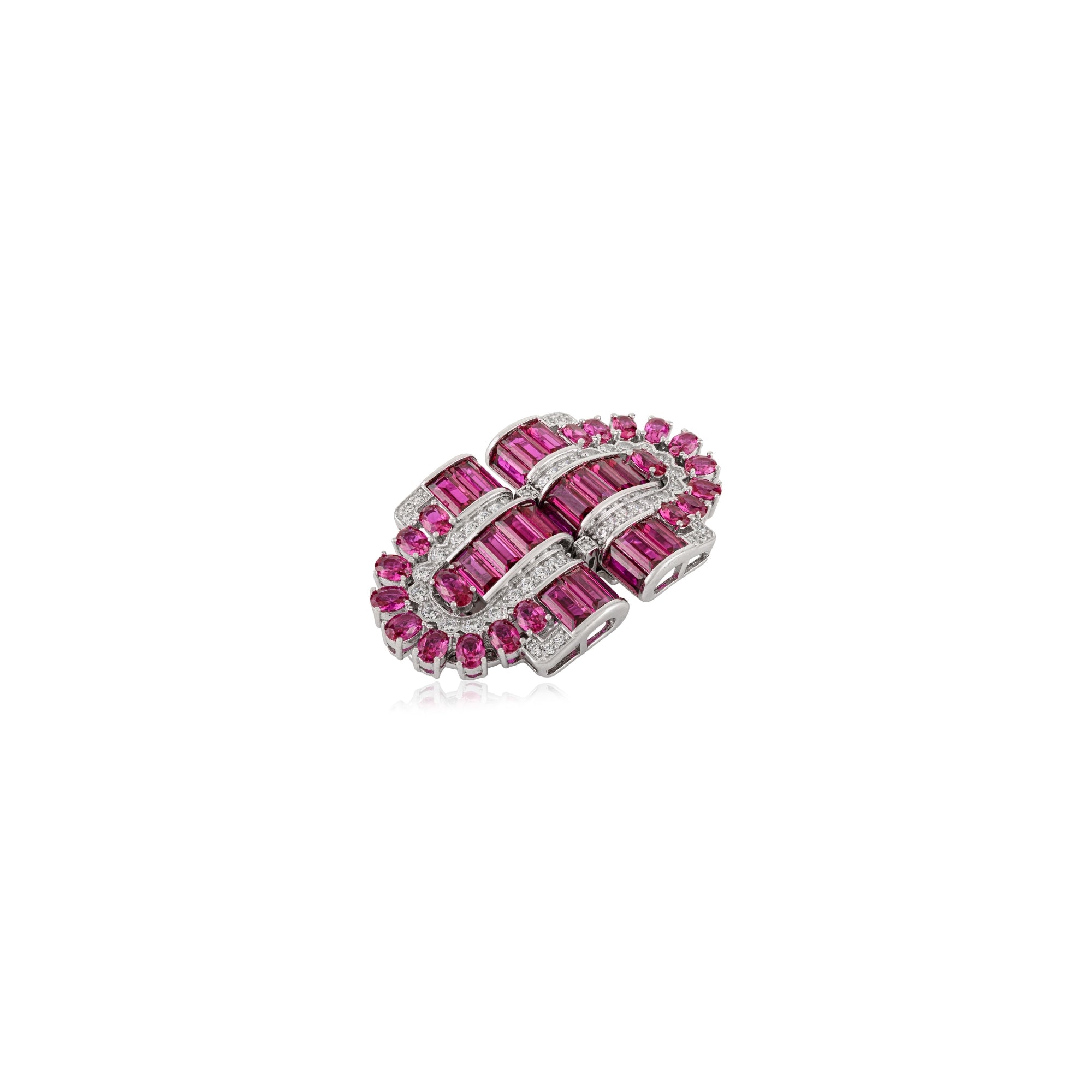 925 Silver Brooch Pin with Ruby Pink & White CZ Diamonds