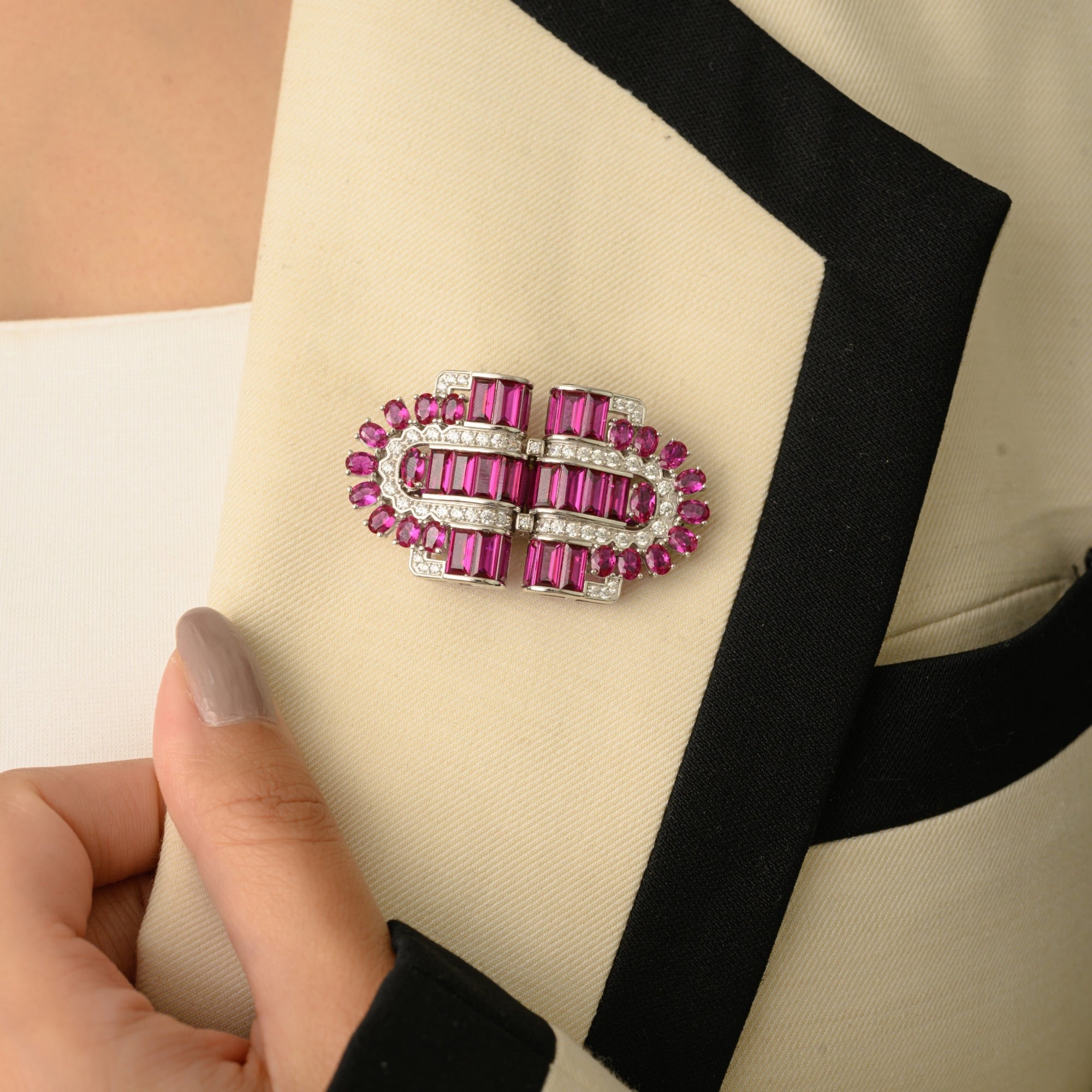 925 Silver Brooch Pin with Ruby Pink & White CZ Diamonds