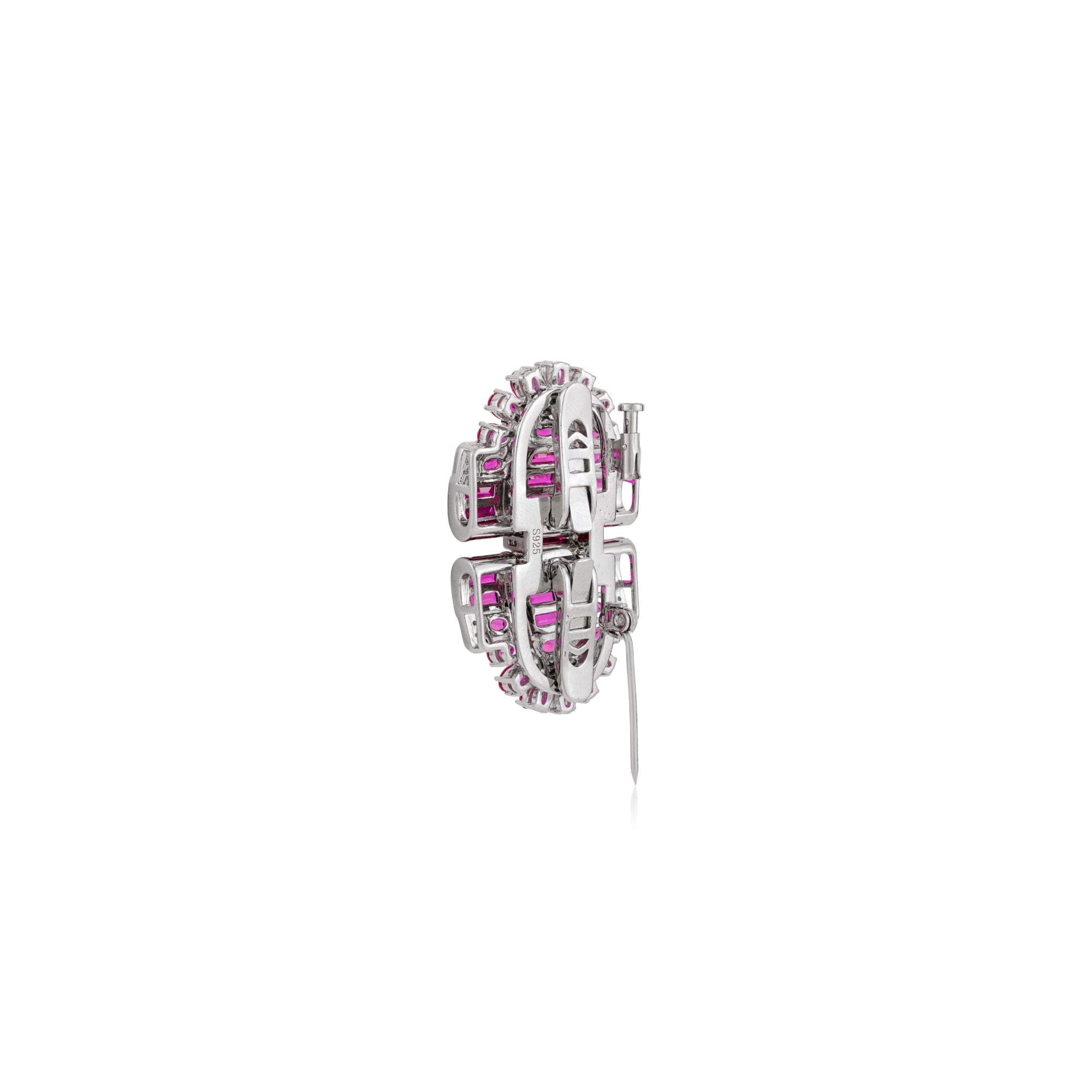 925 Silver Brooch Pin with Ruby Pink & White CZ Diamonds