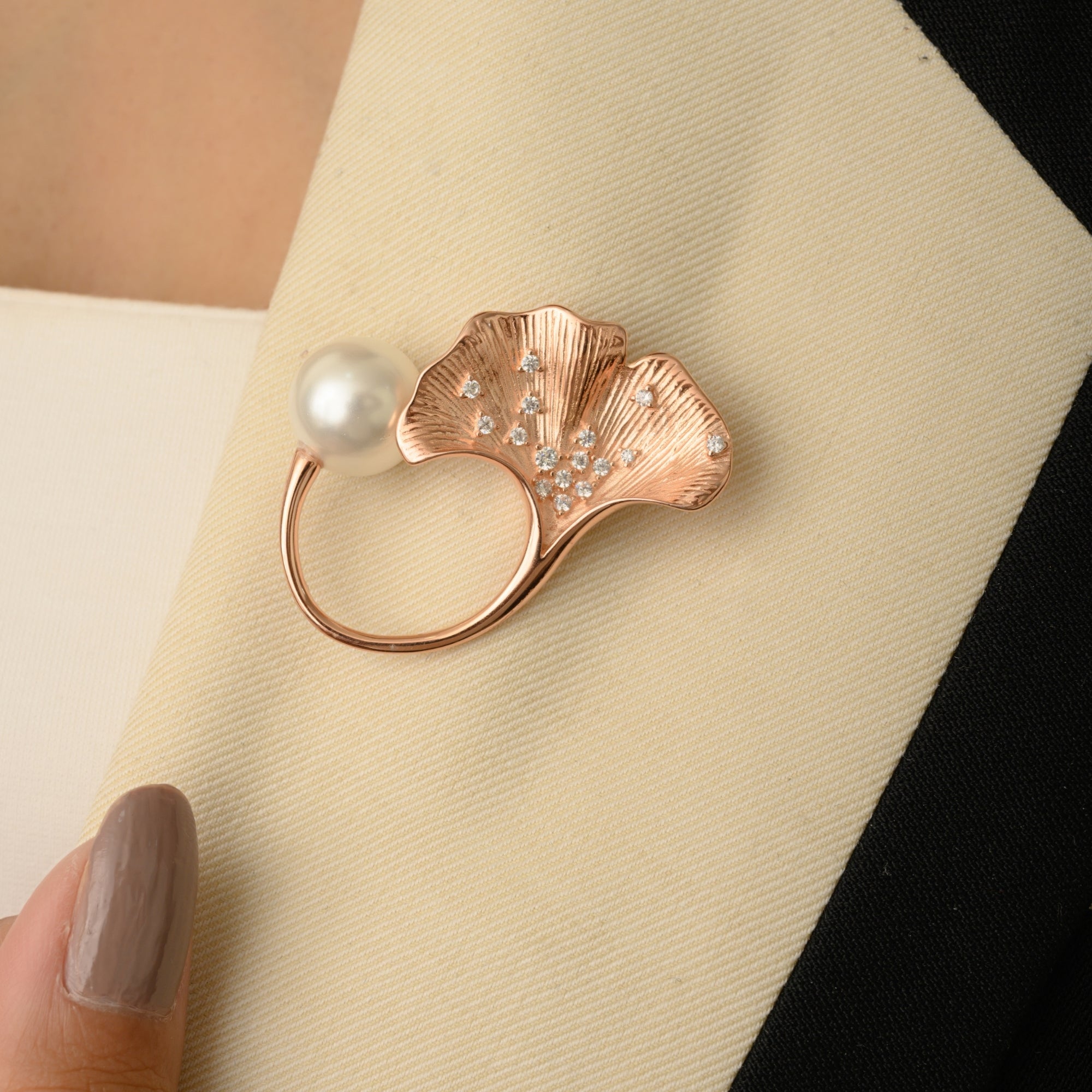 Rose Gold Pearl Leaf Brooch Pin in 925 Silver