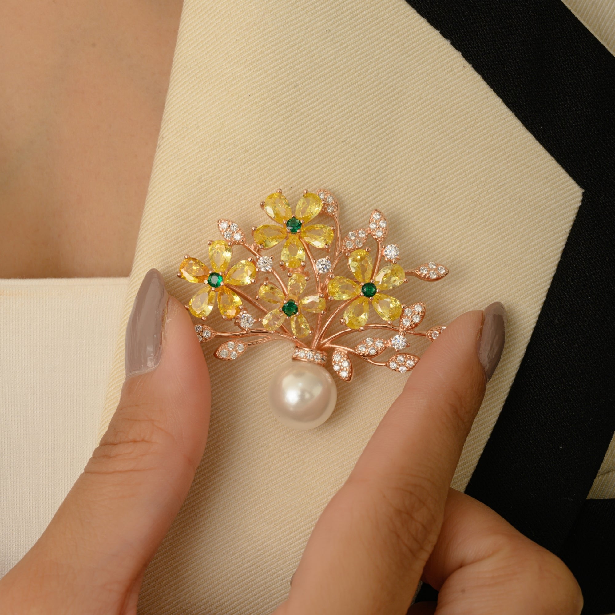Flower Badge Brooch Pin in 925 Silver with White Pearl and Colorful CZ Diamonds
