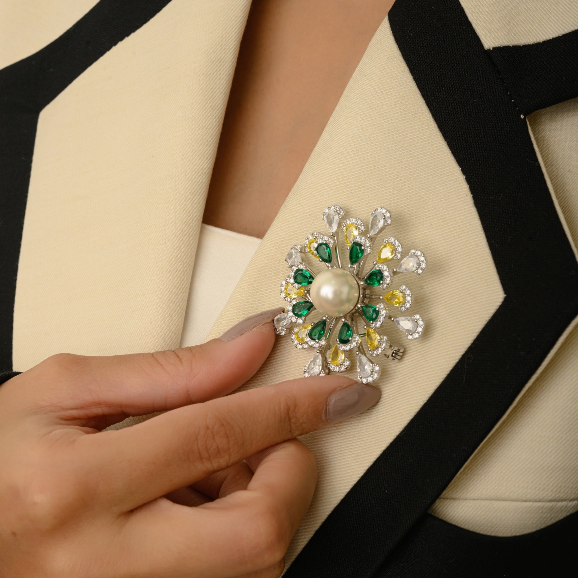 Floral Pearl Brooch in 925 Silver with Colourful CZ Diamonds