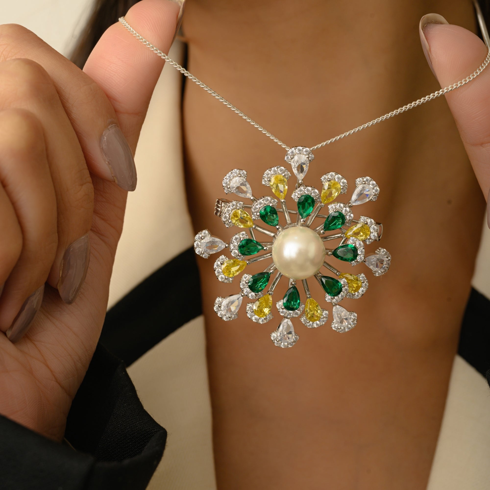 Floral Pearl Brooch in 925 Silver with Colourful CZ Diamonds