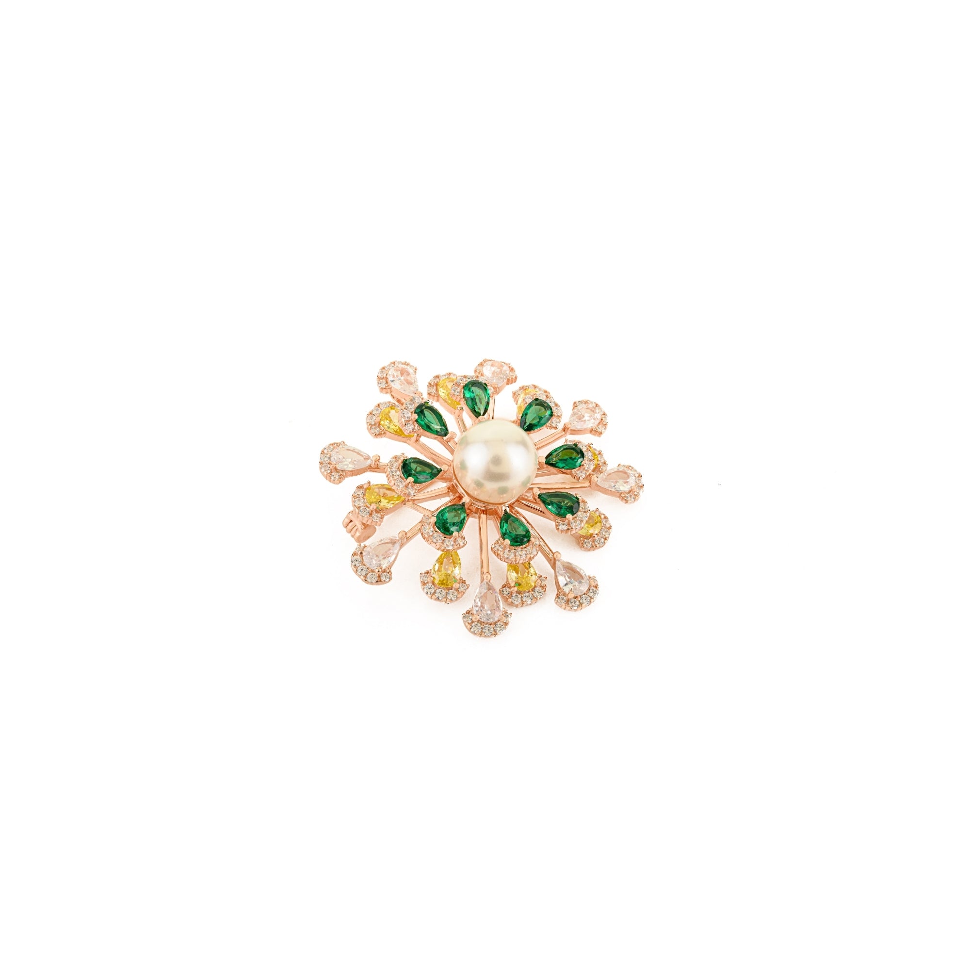 Floral Pearl Brooch in 925 Silver with Colourful CZ Diamonds